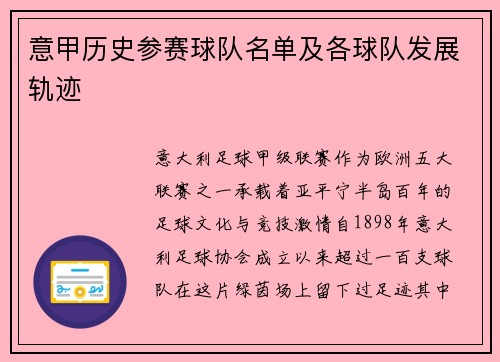 意甲历史参赛球队名单及各球队发展轨迹
