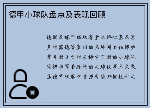 德甲小球队盘点及表现回顾